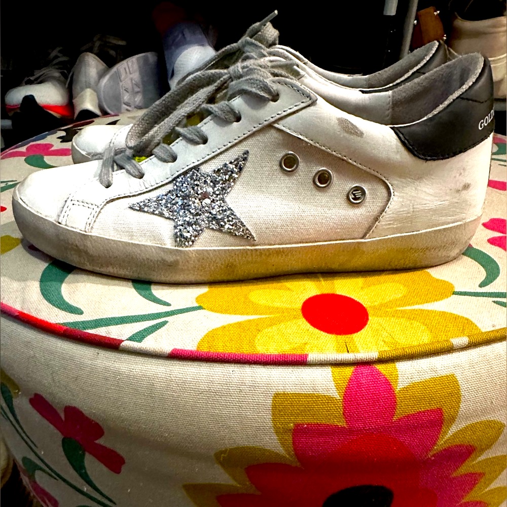 Golden Goose White Sneakers With Glitter Stars, Neon Tongue